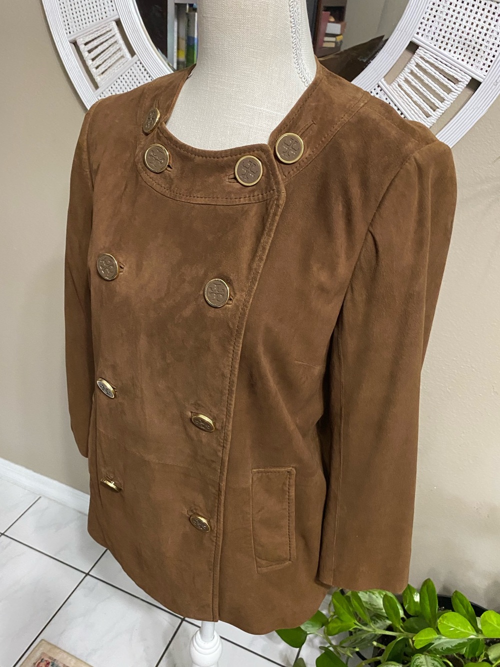 Tory Burch Suede Leather Jacket 10 Double Breasted Coat w/Pockets Military Style